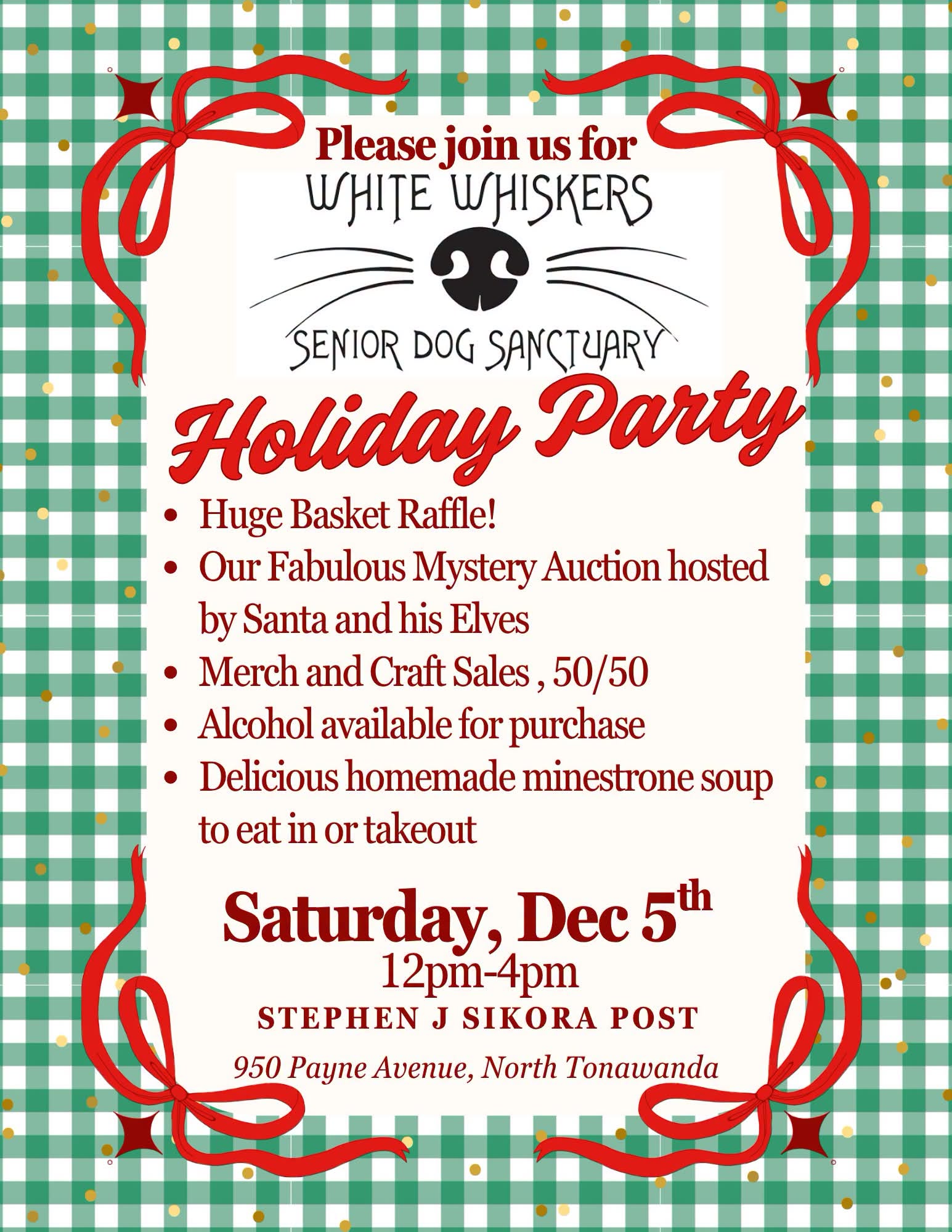 White Whiskers Senior Dog Sanctuary Holiday Party event flyer
